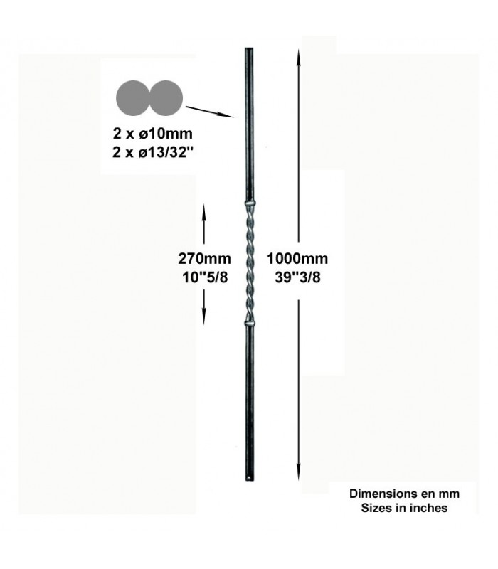 Balustre art déco 900mm 2 ronds ø10mm accolés avec torsade centralere