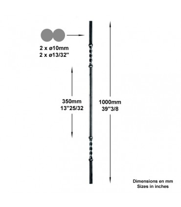 Balustre style artdéco pour escalier hauteur 1000mm 2xØ10mm