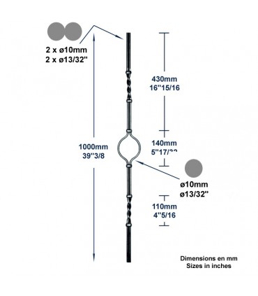Balustre style artdéco pour escalier hauteur 1000mm 2xØ10mm