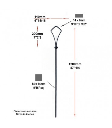 Balustre façon gothique Hauteur 1200mm 14x14mm