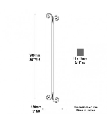 Balustre droit forgé H900x130 14x14mm
