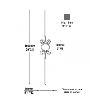 Balustre droit forgé H1000x140mm 14x14mm
