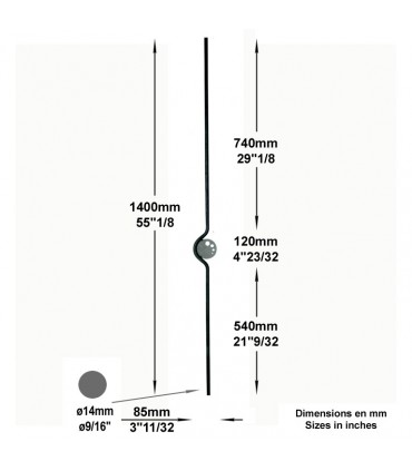 Barreau plaque trouée art déco Hauteur 1400mm x85mm Ø14mm