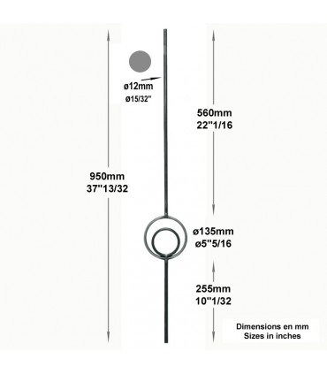 Balustre acier forgé pour escalier et garde corps art déco hauteur 950x135mm Ø12mm