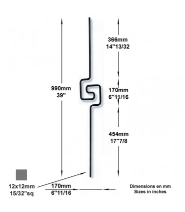 Balustre art déco design H990mm 12x12mm