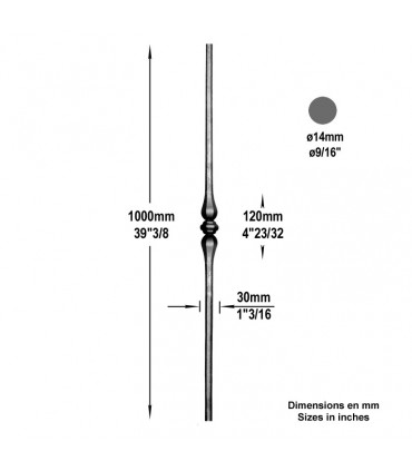 Balustre forgé H1000x30mm Ø14mm