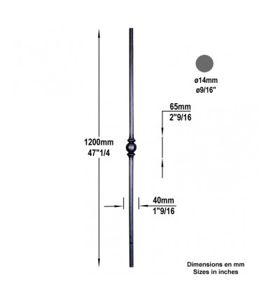 Balustre acier forgé profilé pour escalier ou garde corps H1200mm Ø14mm - 1 motif