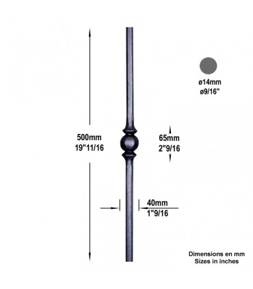 Balustre acier forgé profilé pour escalier ou garde corps H500x40mm Ø14mm - 1 motif