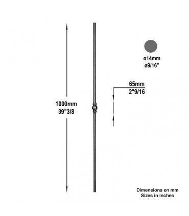 Balustre rond fer forgé grenaillé pour escalier et garde corps H1000mm Ø14 - 1 motif