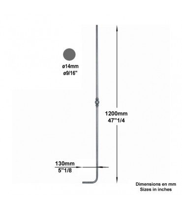 Balustre fer forgé coudé à l'anglaise 1 motif hauteur 1200mm x 130mm Ø14mm