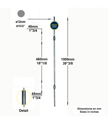 Balustre profilé fer forgé grenaillé pour escalier et garde corps H1000 Ø12 - 2 motifs