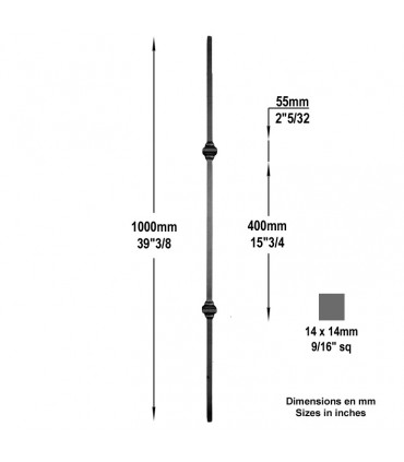 Balustre forgé grenaillé H1000mm 14x14mm 2 motifs
