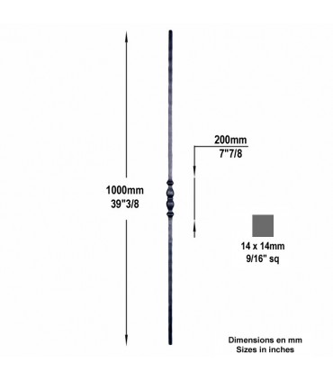 Balustre forgé H1100mm 14x14mm