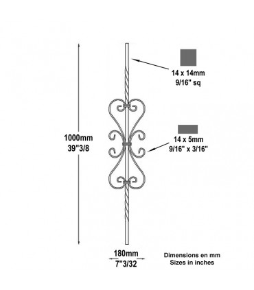Balustre aluminium assemblé H1000x180mm 14x14mm