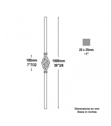 Poteau forgé 25x25mm hauteur 1000mm