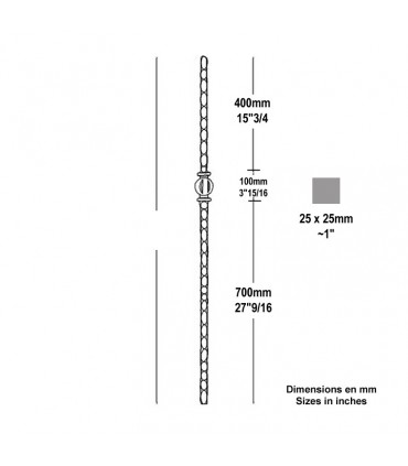 Poteau forgé 25x25mm hauteur 1200mm