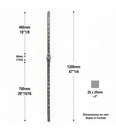 Poteau forgé 25x25mm hauteur 1200mm