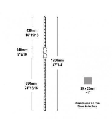 Poteau forgé 25x25mm hauteur 1140mm