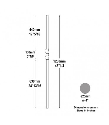Poteau forgé Ø25mm hauteur 1200mm