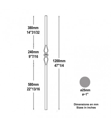 Poteau forgé Ø25mm hauteur 1200mm