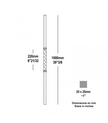 Poteau forgé 25x25mm hauteur 1000mm