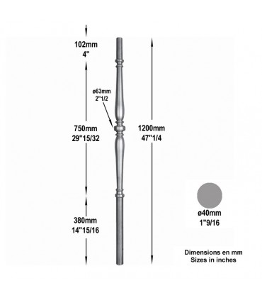 Poteau tourné Ø40mm hateur 1200mm