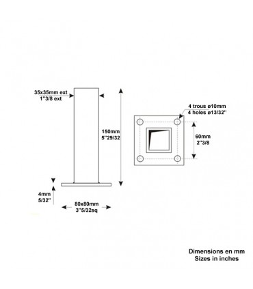 Pied-platine de fixation tube 35x35mm embase 80x80mm pour tube 40x40mm