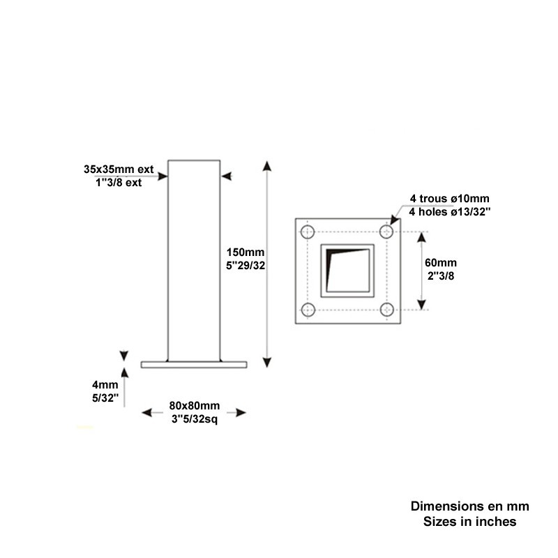 PLATINE CARRÉE 4 FIXATIONS FER TROU CARRÉ CENTRAL