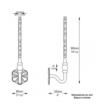Patère acier forgé H180mm x 95mm - 14x14mm