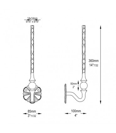 Patère acier forgé H180mm x 100mm - 14x14mm
