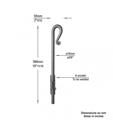 Verrou pistolet de portail forgé hauteur 500mm ø16mm