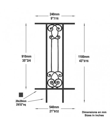 Balustrade en fonte modèle AMBOISE longueur utile 240 à 450mm hauteur du motif 910mm