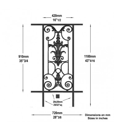 Balustrade en fonte modèle AMBOISE longueur utile 420 à 650mm hauteur du motif 910mm