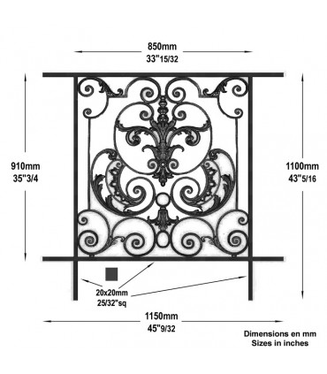 Balustrade en fonte modèle AMBOISE longueur utile 850 à 1050mm hauteur du motif 910mm