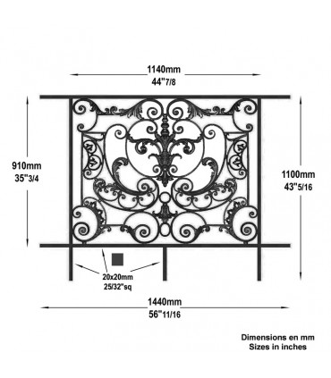 Balustrade en fonte modèle AMBOISE longueur utile 1200 à 1350mm hauteur du motif 910mm