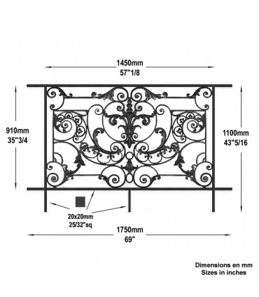 Balustrade en fonte modèle AMBOISE longueur utile 1500 à 1650mm hauteur du motif 910mm