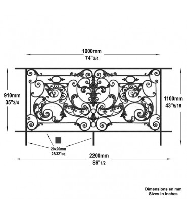 Balustrade en fonte modèle AMBOISE longueur utile 1900 à 2100mm hauteur du motif 910mm