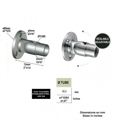 Connecteur mural réglable orientable 90 à 270° Ø42,4mm INOX304