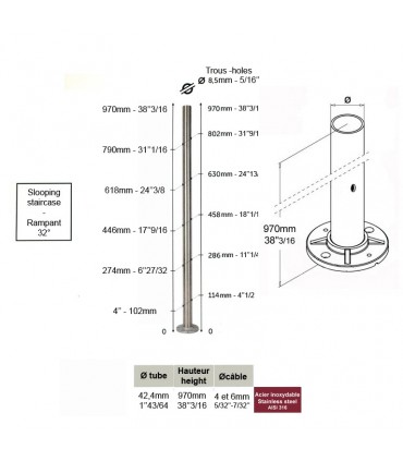 Poteau d'angle taraudé montage câble et verre INOX316