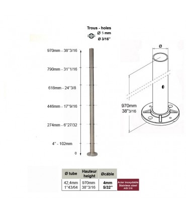 Poteau intermédiaire percé pour montage traversant câble ø4mm INOX 316