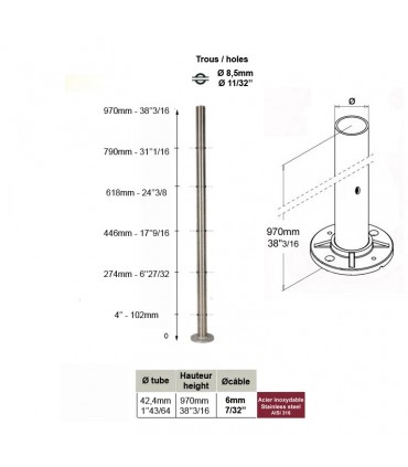 Poteau intermédiaire percé pour montage traversant câble ø6mm INOX 316
