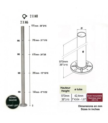 Poteau départ gauche taraudé M6+M8 montage câble et verre INOX316