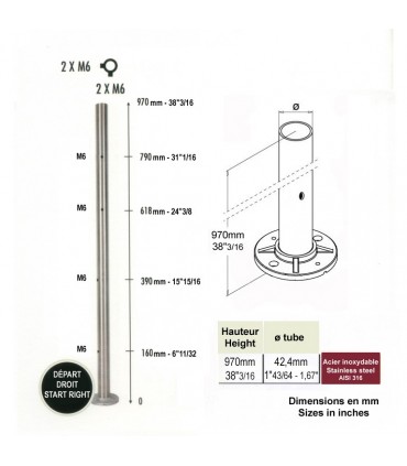 Poteau départ droit taraudé M6 montage câble et verre INOX316