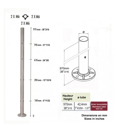 Poteau intermédiaire taraudé M6 montage câble et verre INOX316