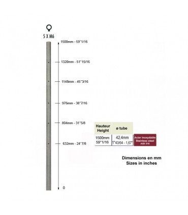 Poteau de départ fixation à l'anglaise, pour montage cable traversant ø4 ou 6mm INOX 316