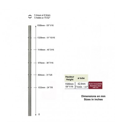 Poteau intermédiaire fixation à l'anglaise, pour montage cable traversant ø6mm INOX 316