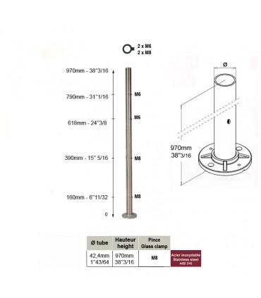 Poteau de départ taraudé pour montage cable traversant et verre INOX 316