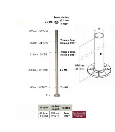 Poteau intermédiaire percé pour montage cable traversant ø4mm et verre. INOX 316
